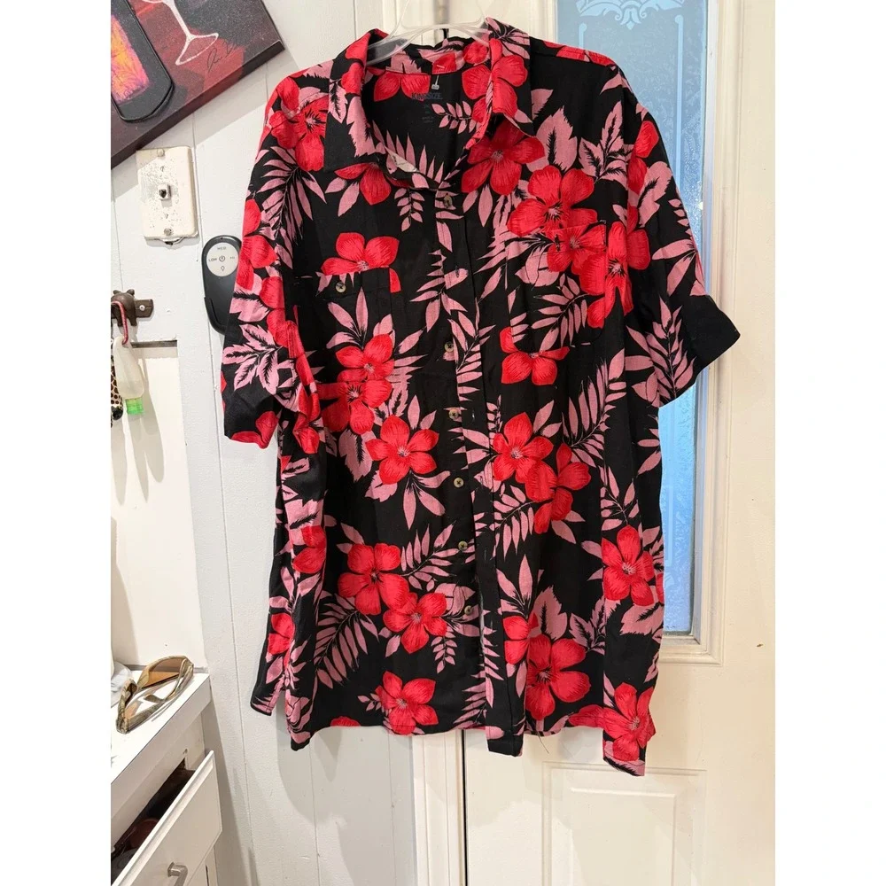 KingSize Mens 2XL Big Tropical Floral Linen Rayon Button Down Shirt Black Red